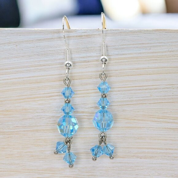Light Blue Crystal Drop Earrings Handcrafted Jewelry - Picture 3 of 5